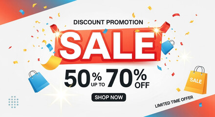 Discount promotion sale banner with 50 to 70 off offer, shop now button, and limited time offer isolated on white background
