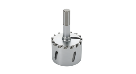 Hole saw with a silver finish and a hex shank, isolated on transparent background, perfect for drilling precise holes in various materials