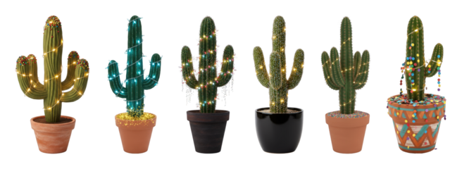 Potted decorated cactus set including warm white, blue, and multicolor lights with sprinkles and confetti isolated. Festive desert holiday collection.