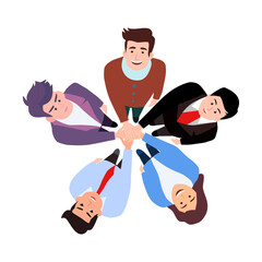 Young people putting their hands together. Friends with stack of hands showing unity and teamwork, top view. Vector flat illustration.