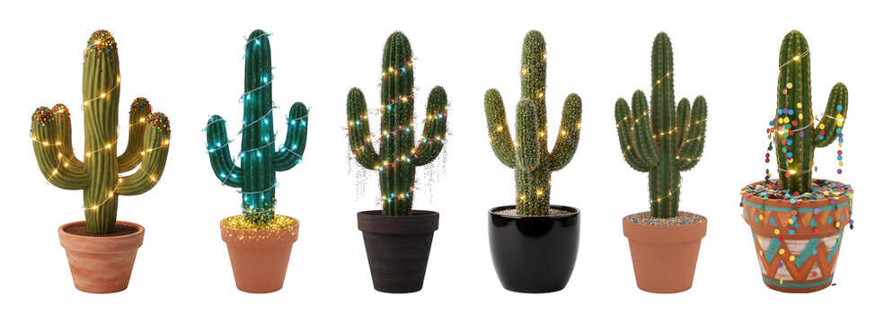 Potted decorated cactus set including warm white, blue, and multicolor lights with sprinkles and confetti isolated. Festive desert holiday collection. - Powered by Adobe