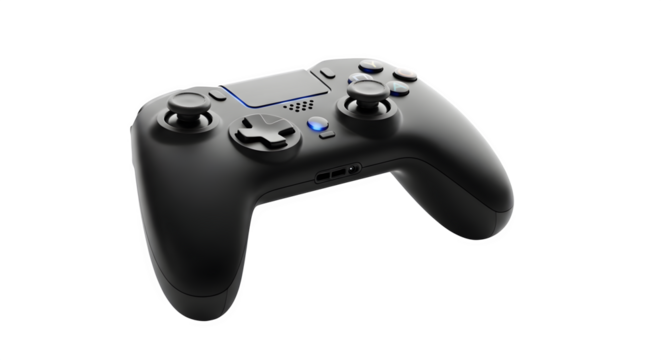 Wireless black game controller with buttons and joysticks, isolated on transparent background, ideal for gaming on various platforms