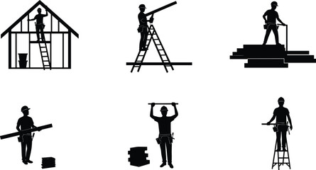 Silhouette of construction workers building wooden frame structure, measuring beams, using ladders, teamwork on house construction site, professional builders working safely