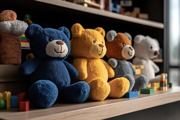 Fototapeta premium Toy box overflowing with stuffed animals and construction blocks.