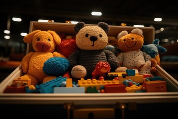 Fototapeta premium Kids toy storage filled with cuddly toys and stackable blocks.