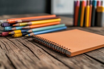 Educational stationery with pencils, markers, and notebooks in close-up view.