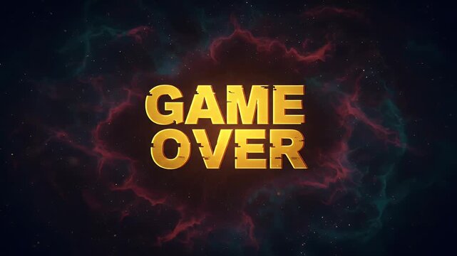 Retro Pixelated Game Over Screen With Cosmic Nebula Background - Powered by Adobe