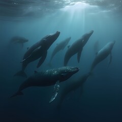 Obraz premium A Majestic Pod of Whales Ascending Towards Light