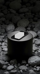 Smartphone on a pedestal amidst river stones - A study in contrasts.