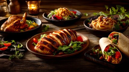 Assorted grilled and cooked chicken dishes with sides served on rustic wooden table — perfect for food delivery, restaurant promotions