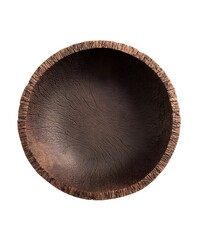 Empty wooden bowl: An overhead shot captures the natural texture of a hand-carved wooden bowl. This image is a celebration of the rustic charm and natural simplicity of this wooden object.