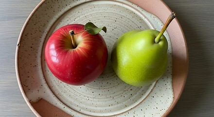 Apple and Pear on Plate - Fresh Fruit Still Life.