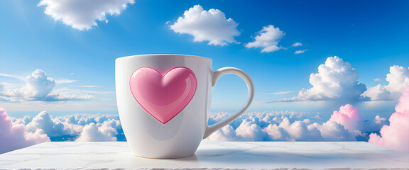 Heart shaped cup with blue sky and clouds background. Romantic mug illustration with pink clouds and horizon. Love themed mug on marble with scenic outdoor view.