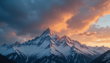 Obraz premium Majestic mountain peaks covered in fresh snow under dramatic sunset clouds