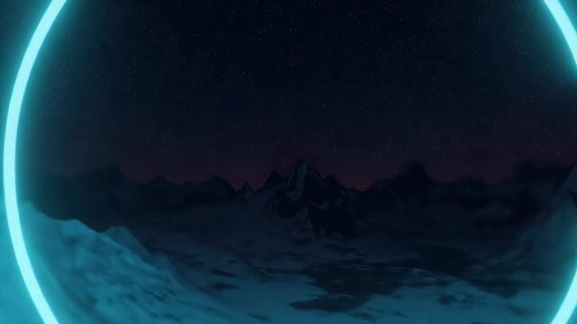 Abstract Neon Ring Portal Background With Snowy Mountains And Stars