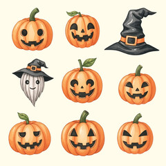 watercolor pumpkin halloween elements set collection