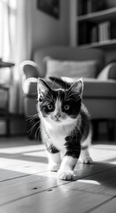Black and White Kitten Strolling on Wooden Floor in Living Room.