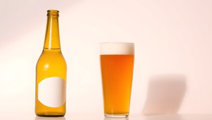 A cold, golden lager in a glass next to an isolated beer bottle on white