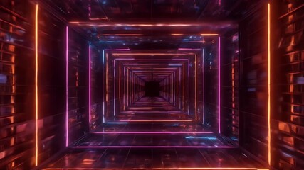 Abstract Neon Square Tunnel Background With Blue Orange Lights - Powered by Adobe