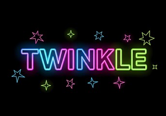 Neon twinkle text with stars on black