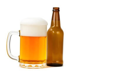 Cold beer bottle and full glass of lager, isolated on a white background, representing a refreshing alcoholic beverage