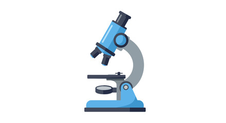 Illustration of a blue microscope with a gray arm and black lens on a white background.