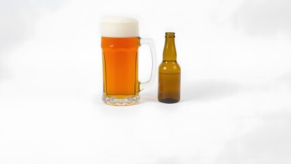 A transparent glass bottle of brown liquid and a glass of beer is isolated on white