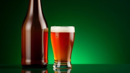 A refreshing cold glass of golden lager beer with a bright white foam, isolated on a vibrant green background