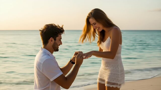 Romantic Beach Proposal At Sunset With Couple Young Love