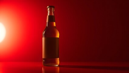 An isolated brown beer bottle with a transparent glass of cold lager sits on a black background ready for a celebration