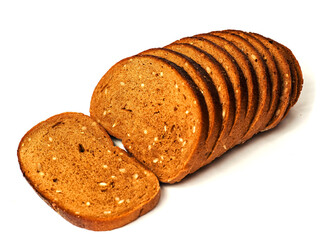 Tasty sliced rye bread loaf with nut pieces on a white background. Healthy food. High grain product. Bakery item.