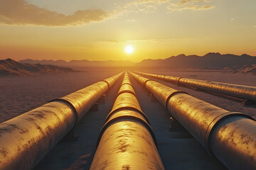 Industrial Pipelines Stretching Across Desert at Sunset  