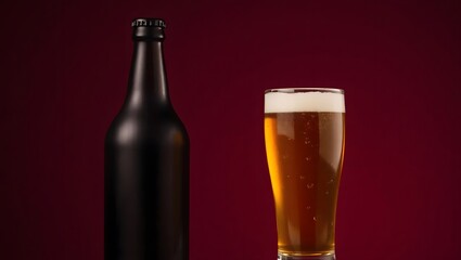A glass of cold beer with foam and a brown beer bottle are isolated on a dark background