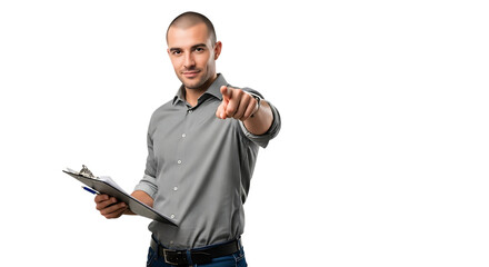 Confident man with clipboard pointing at you isolated on transparent background