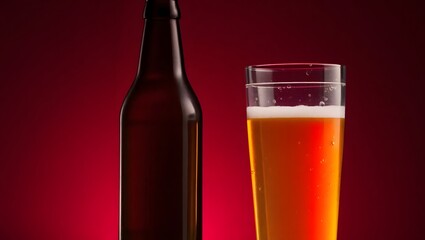 A cold glass of beer and beer bottle with condensation stand isolated against a white background, an object of refreshment