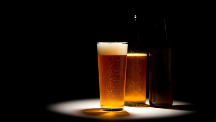A golden, cold pint of lager with foam and froth in a glass on a dark background