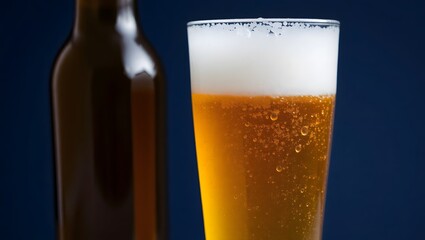 A full, golden glass of cold beer with foam and bubbles is the perfect drink for refreshment on a dark background