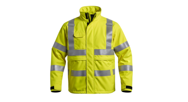 High visibility yellow safety jacket with reflective stripes isolated on transparent background