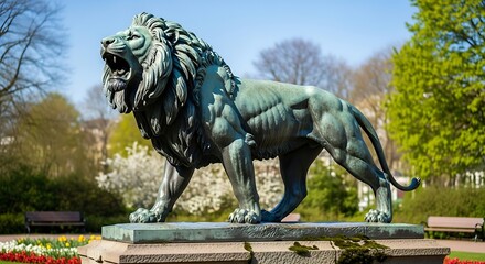 Majestic Lion Statue Roaring in a Lush Green Park Setting.