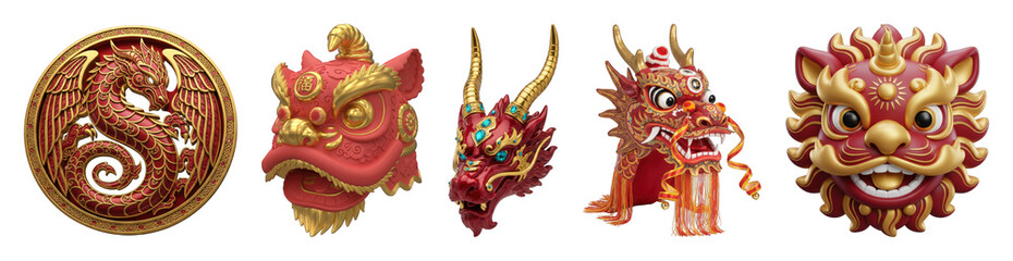 Obraz premium Red and gold festive dragon and lion dance set including ornate heads and emblem isolated. Traditional Lunar New Year elements.