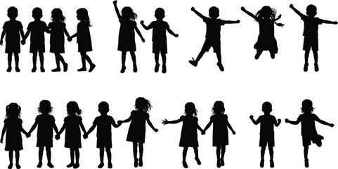 Silhouette of happy children holding hands and jumping together, kids friendship, childhood fun, teamwork and joy concept illustration vector design