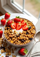 Granola Bowl with Yogurt and Strawberries - A Healthy Breakfast.