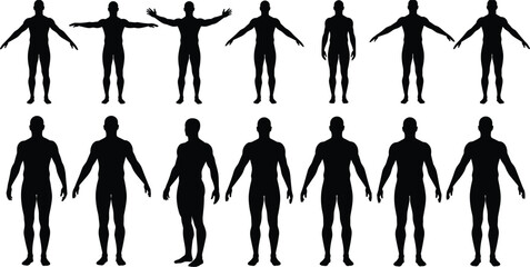 Silhouette of male human body in multiple poses, anatomy shape collection, muscular man figure standing, arms open and side view, black vector illustration