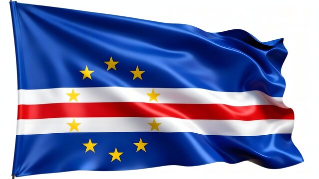 Photorealistic image of the flag of Cape Verde with blue, white, and red horizontal stripes, and 10 yellow stars arranged in a semi-circle. Isolated on a white background.