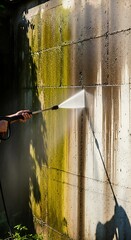 Pressure Washing a Mossy Concrete Wall for Cleaning.