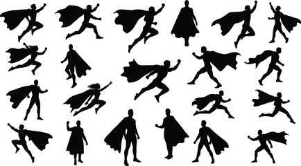 Silhouette of superhero in various action poses, flying, standing, running, hero illustration concept, power strength symbol, fantasy comic character design