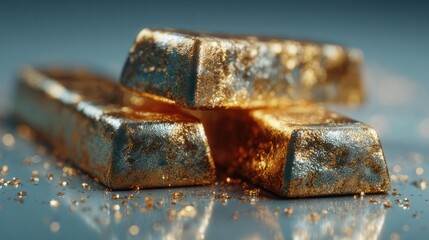 Close-up of three gold bars stacked with sparkling effects over blue background showcasing luxury wealth investment and financial prosperity concepts