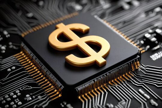 Dollar sign on processing chip representing digital finance