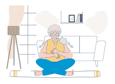 Elderly woman sitting cross-legged on a mat practicing deep breathing at home, flat design style, cozy interior background. Concept of mindfulness and wellness. Vector illustration