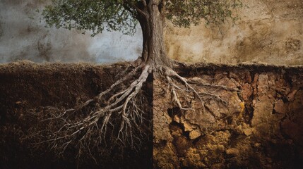 Tree Roots Showing Contrast Between Fertile and Depleted Soil — Environmental Degradation Concept